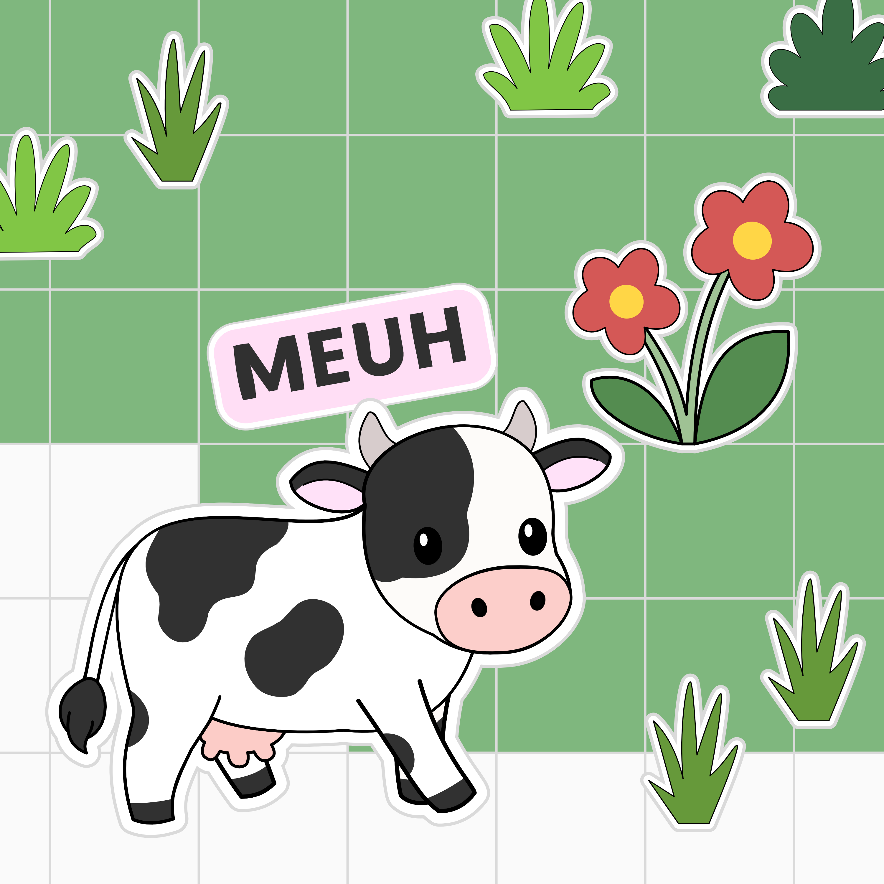 Ilustración principal del juego Daily Moo-ting de NukooWorld Studio, una vaca cartoon con un bocadillo “MEUH” en un decorado verde con flores.
