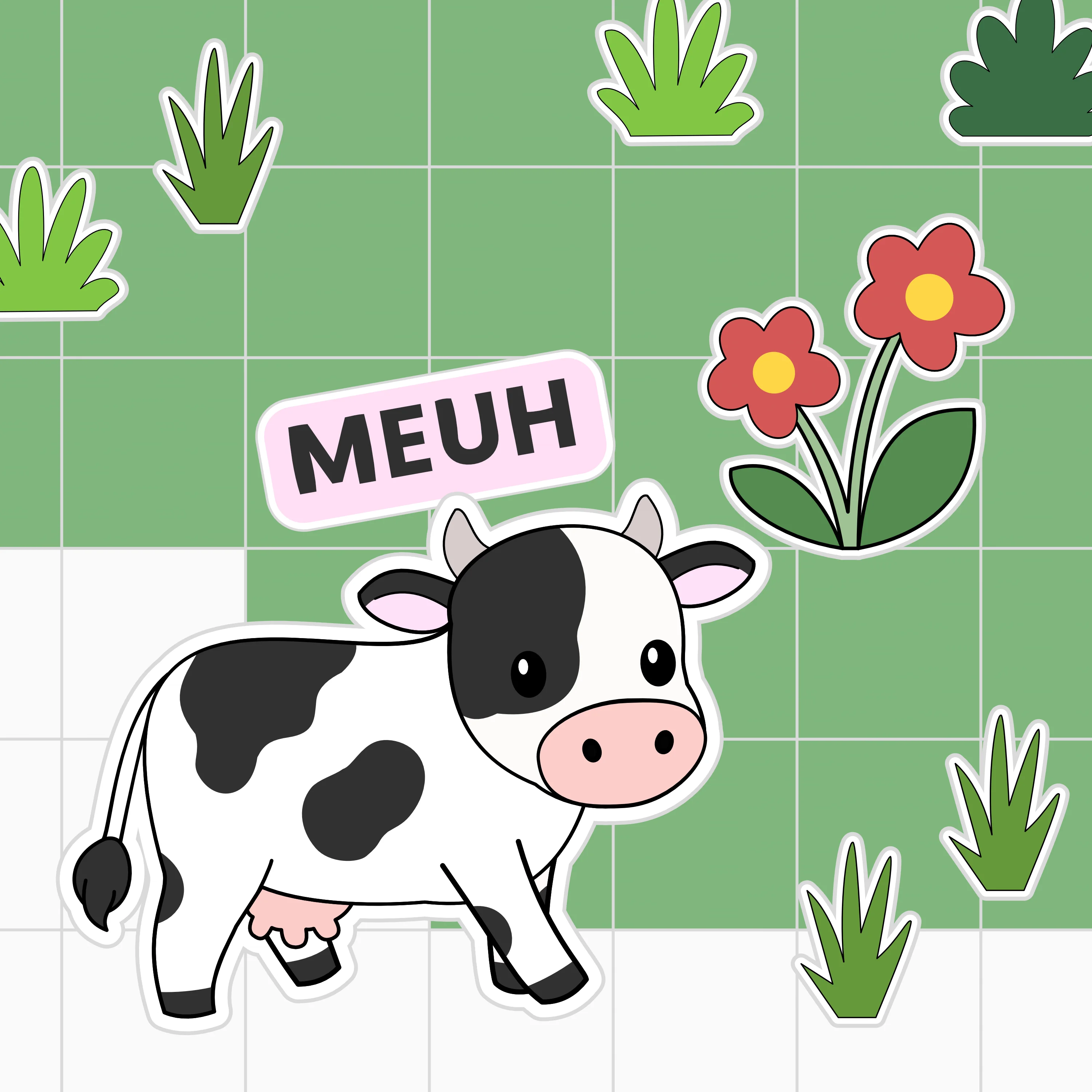 Ilustración principal del juego Daily Moo-ting de NukooWorld Studio, una vaca cartoon con un bocadillo “MEUH” en un decorado verde con flores. Ilustración de o-okun.