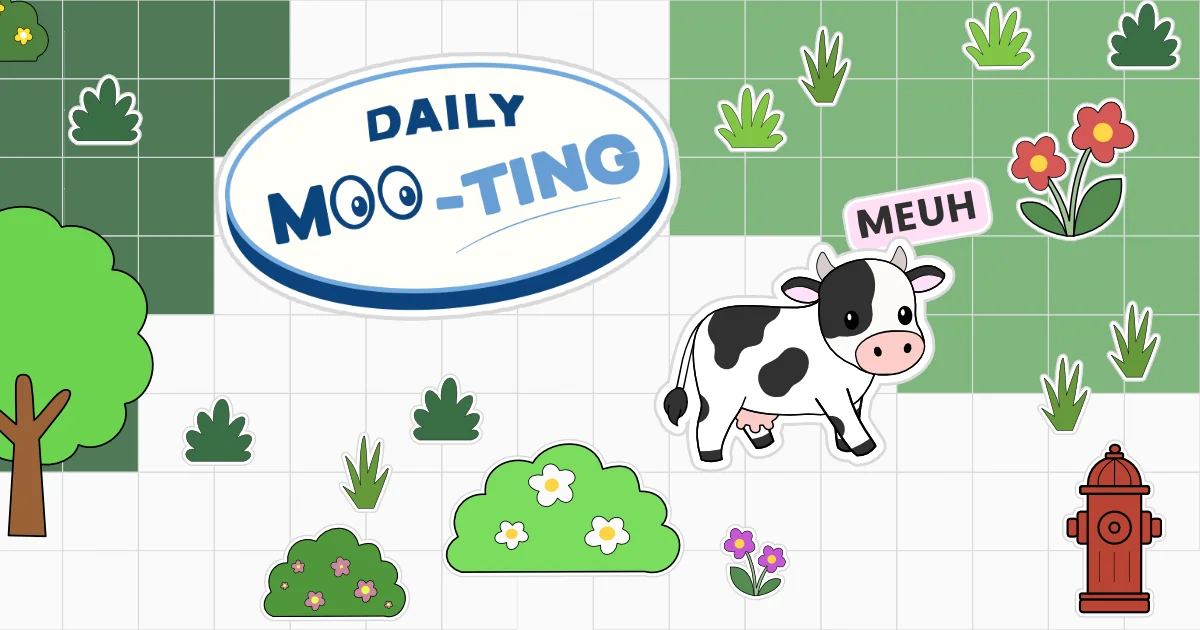 Daily Moo-ting, una vaca cartoon en un decorado verde con flores, estilo de juego adorable.