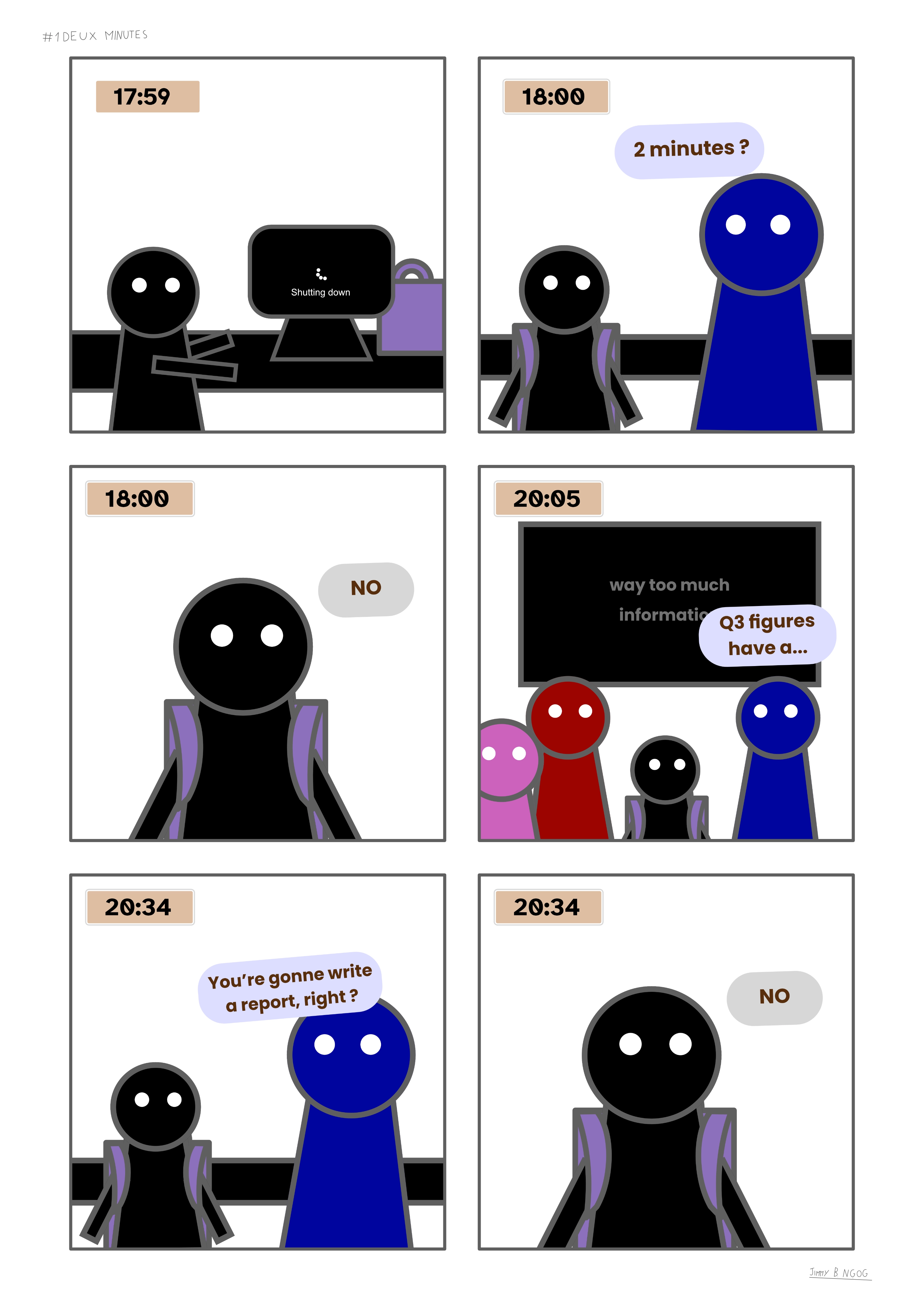 6コマの漫画。退勤時に頼まれた「2分」が、20時34分まで続く会議になってしまう。イラスト：Jimmy B. Ngọc。