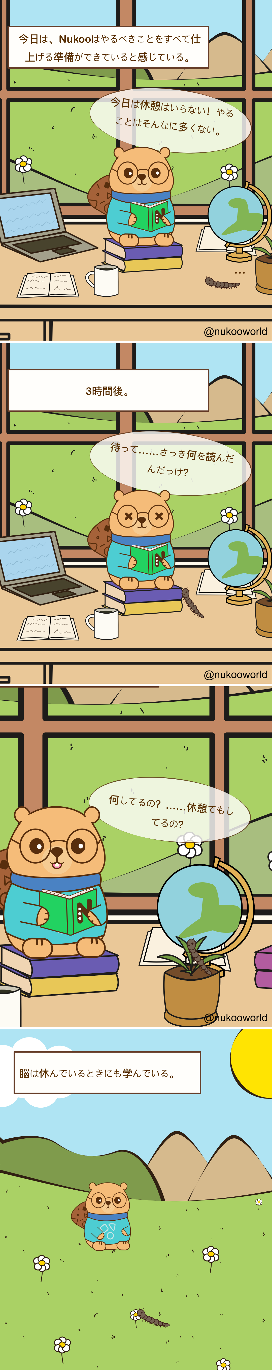 Nukoo の勉強部屋を舞台にした縦型の教育コミック。丸いメガネをかけた小さなビーバーの Nukoo が、青緑色のセーターを着て本の山の上に座りながら読書をしており、近くにはムカデがいる。

コマ1：キャプションには「今日、Nukoo はやるべきことを全部終わらせる気でいる」と書かれている。Nukoo は本やノートパソコン、地球儀、マグカップのある机に向かって熱心に読んでいる。セリフは「今日は休憩なんていらないよ！ そんなにやることは多くないし。」

コマ2：キャプションには「3時間後」と書かれている。Nukoo はまだ読んでいるが、今は混乱して疲れた様子をしている。目はくらくらしているように見え、セリフは「待って…今読んだのって何だっけ？」。

コマ3：Nukoo は、ムカデが植物の上で休んでいる植木鉢のほうを見る。Nukoo は「何してるの？ もしかして…休憩中？」とたずねる。

コマ4：最後のコマでは、Nukoo とムカデが花や山のある草原の外にいる。キャプションには「脳は休んでいるあいだにも学んでいる」と書かれている。

このコミックは学習の原則を表している。休憩なしで勉強すると注意力や理解力は下がっていくが、短い休息は脳が新しく学んだ情報を整理し、強める助けになる。