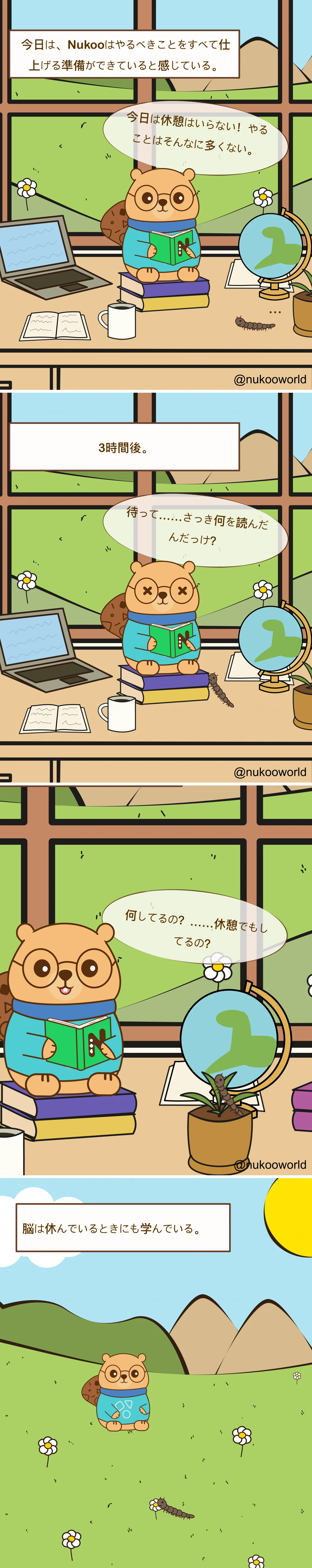 Nukoo の勉強部屋を舞台にした縦型の教育コミック。丸いメガネをかけた小さなビーバーの Nukoo が、青緑色のセーターを着て本の山の上に座りながら読書をしており、近くにはムカデがいる。

コマ1：キャプションには「今日、Nukoo はやるべきことを全部終わらせる気でいる」と書かれている。Nukoo は本やノートパソコン、地球儀、マグカップのある机に向かって熱心に読んでいる。セリフは「今日は休憩なんていらないよ！ そんなにやることは多くないし。」

コマ2：キャプションには「3時間後」と書かれている。Nukoo はまだ読んでいるが、今は混乱して疲れた様子をしている。目はくらくらしているように見え、セリフは「待って…今読んだのって何だっけ？」。

コマ3：Nukoo は、ムカデが植物の上で休んでいる植木鉢のほうを見る。Nukoo は「何してるの？ もしかして…休憩中？」とたずねる。

コマ4：最後のコマでは、Nukoo とムカデが花や山のある草原の外にいる。キャプションには「脳は休んでいるあいだにも学んでいる」と書かれている。

このコミックは学習の原則を表している。休憩なしで勉強すると注意力や理解力は下がっていくが、短い休息は脳が新しく学んだ情報を整理し、強める助けになる。 イラスト: o-okun。