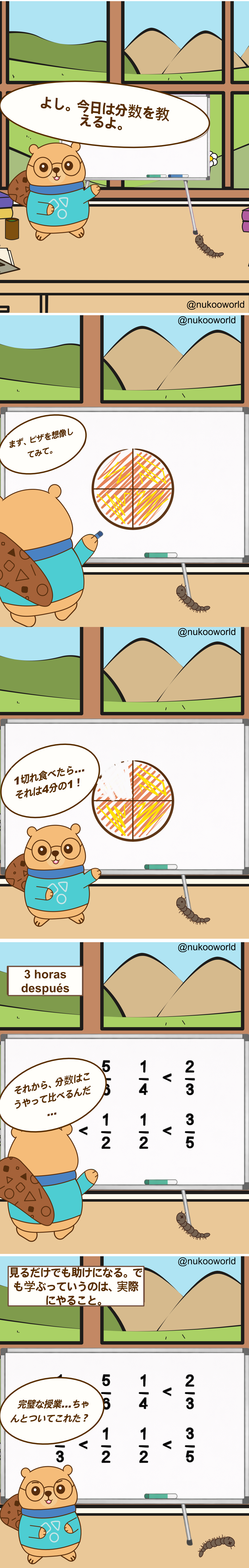 メガネをかけたビーバー Nukoo がホワイトボードで分数を説明している縦型コミック。