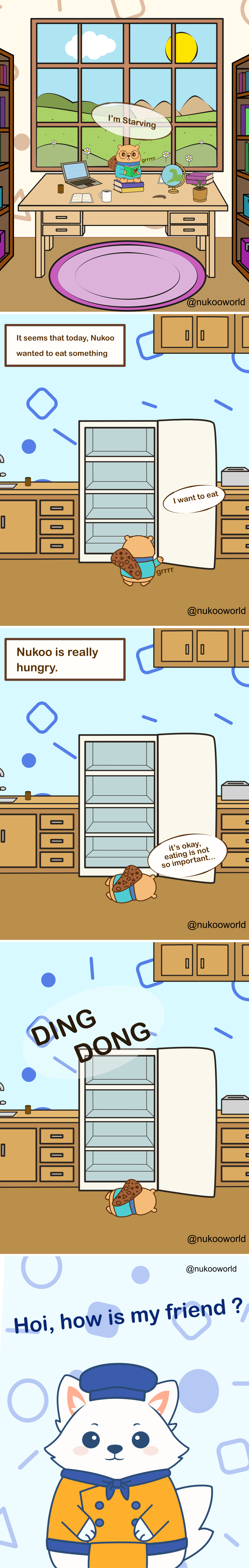 A multi-panel comic featuring Nukoo, a small beaver wearing glasses and a teal sweater, and Flowkï, a white fox chef wearing a blue hat and an orange jacket.
Panel 1: Nukoo sits at a wooden desk in a cozy room with bookshelves on both sides and a large window showing hills, clouds, and the sun outside. On the desk are a laptop, a notebook, a coffee mug, a small globe, and a plant. Nukoo holds his stomach and says « I’m starving » while a small stomach growling sound appears near him.
Panel 2: A caption reads « It seems that today, Nukoo wanted to eat something ». The scene moves to a kitchen. Nukoo opens a tall refrigerator, which is completely empty inside. Looking inside, he says « I want to eat » while his stomach growls.
Panel 3: A caption explains « Nukoo is really hungry. » Nukoo lies on the floor in front of the open fridge, exhausted from hunger. He says humorously « It’s okay, eating is not so important… » even though he clearly looks weak and hungry.
Panel 4: A loud sound appears in the kitchen: « DING DONG », indicating someone is ringing the doorbell while Nukoo is still lying on the floor near the open refrigerator.
Panel 5: Flowkï the fox appears on a blue patterned background, smiling warmly and speaking to the viewer. His speech bubble reads « Hoi, how is my friend ? »
The comic sets up a humorous situation where Nukoo is extremely hungry with an empty fridge, just as his friend Flowkï arrives.
