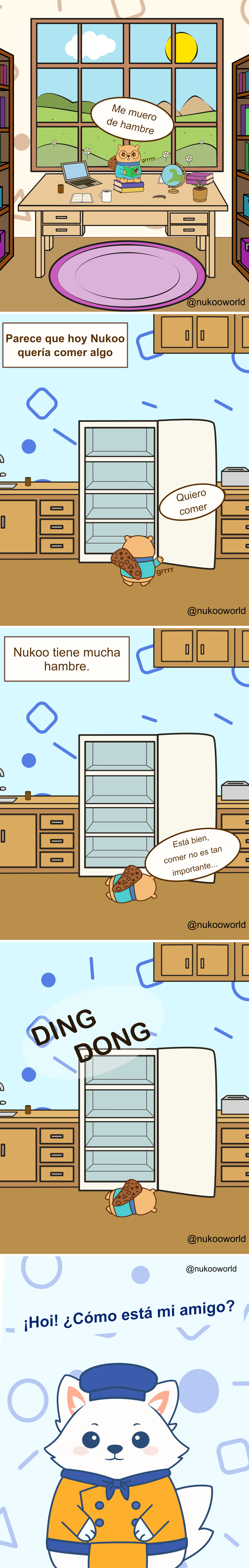 Un cómic de varias viñetas con Nukoo, un pequeño castor con gafas y un suéter verde azulado, y Flowkï, un zorro blanco chef con un gorro azul y una chaqueta naranja.
Viñeta 1: Nukoo está sentado en un escritorio de madera en una habitación acogedora con estanterías a ambos lados y una gran ventana que muestra colinas, nubes y el sol afuera. Sobre el escritorio hay un portátil, un cuaderno, una taza de café, un pequeño globo terráqueo y una planta. Nukoo se toca el estómago y dice «Tengo mucha hambre» mientras aparece un pequeño sonido de estómago rugiendo.
Viñeta 2: Un texto dice «Parece que hoy Nukoo quería comer algo». La escena pasa a una cocina. Nukoo abre un frigorífico alto que está completamente vacío. Mientras mira dentro dice «Quiero comer» y su estómago vuelve a rugir.
Viñeta 3: Un texto explica «Nukoo tiene mucha hambre». Nukoo está tumbado en el suelo frente al frigorífico abierto, agotado por el hambre. Dice con humor «Está bien, comer no es tan importante…» aunque claramente se le ve débil y hambriento.
Viñeta 4: En la cocina se oye un sonido fuerte: «DING DONG», alguien está llamando a la puerta mientras Nukoo sigue tirado en el suelo junto al frigorífico abierto.
Viñeta 5: Flowkï el zorro aparece sobre un fondo azul con patrones, sonriendo y hablando al lector. Su bocadillo dice «Hoi, ¿cómo está mi amigo?»