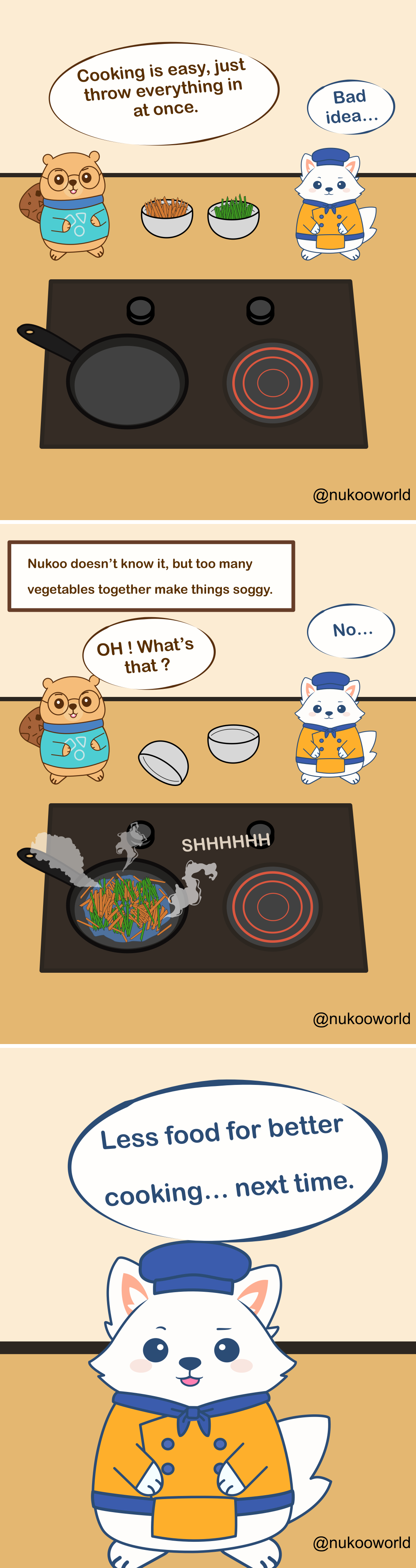 A colorful educational cooking comic featuring Nukoo, a small beaver wearing round glasses and a teal sweater with cooking icons, and Flowkï, a white fox dressed as a chef with a blue hat and an orange jacket. They stand beside a stovetop with a frying pan.
Panel 1: Nukoo stands confidently in front of the stove with two bowls of vegetables, one with thin carrot sticks and another with green vegetables. He says « Cooking is easy, just throw everything in at once. » Flowkï replies with concern « Bad idea… »
Panel 2: A caption reads « Nukoo doesn’t know it, but too many vegetables together make things soggy. » Nukoo looks curious and says « OH! What’s that? » while the bowls are tipped toward the pan. Flowkï reacts nervously with « No… »
Panel 3: The vegetables are now all in the frying pan at the same time. Steam rises as they cook crowded together, making a loud sizzling sound « SHHHHHH ». The vegetables appear wet and packed tightly, suggesting they are steaming instead of sautéing.
Panel 4: Flowkï appears close to the viewer and explains the lesson with a speech bubble that reads « Less food for better cooking… next time. »
The comic teaches a basic cooking technique: overcrowding a pan with too many vegetables at once traps moisture, preventing proper browning and causing food to become soggy instead of sautéed.