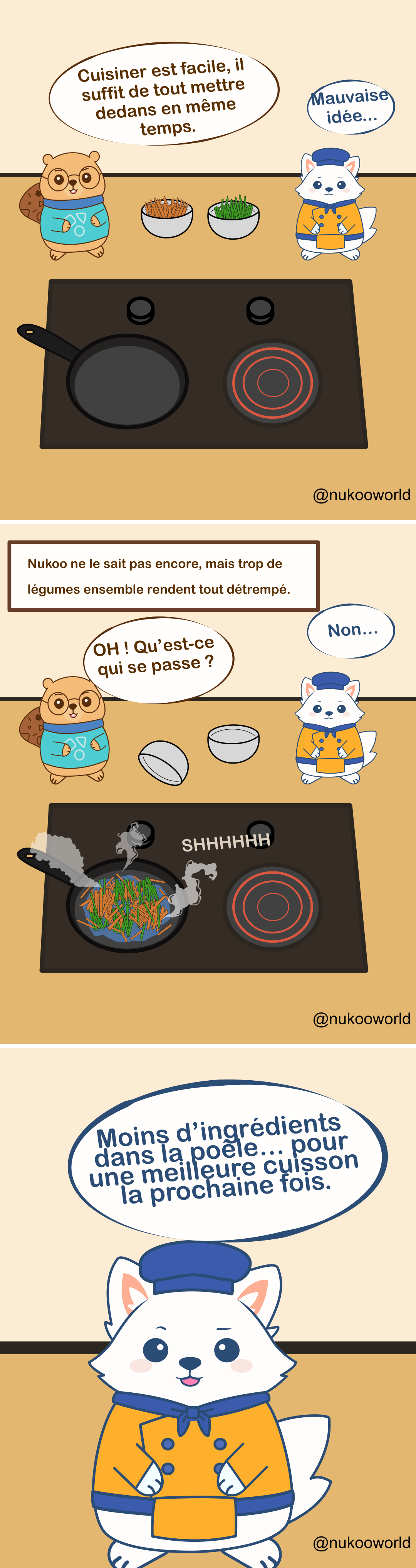 Une bande dessinée éducative colorée sur la cuisine mettant en scène Nukoo, un petit castor portant des lunettes rondes et un pull bleu sarcelle décoré d’icônes de cuisine, et Flowkï, un renard blanc habillé en chef avec un chapeau bleu et une veste orange. Ils se tiennent près d’une cuisinière avec une poêle.
Case 1 : Nukoo se tient avec assurance devant la cuisinière avec deux bols de légumes, l’un avec de fines bâtonnets de carotte et l’autre avec des légumes verts. Il dit « Cuisiner, c’est facile, il suffit de tout jeter en même temps. » Flowkï répond avec inquiétude « Mauvaise idée… »
Case 2 : Une légende indique « Nukoo ne le sait pas, mais trop de légumes ensemble rendent la cuisson détrempée. » Nukoo regarde avec curiosité et dit « OH ! C’est quoi ça ? » pendant que les bols se penchent vers la poêle. Flowkï réagit nerveusement « Non… »
Case 3 : Les légumes sont maintenant tous dans la poêle en même temps. De la vapeur monte pendant qu’ils cuisent serrés les uns contre les autres, produisant un fort grésillement « SHHHHHH ». Les légumes paraissent humides et entassés, ce qui montre qu’ils cuisent à la vapeur plutôt qu’ils ne sautent.
Case 4 : Flowkï apparaît près du lecteur et explique la leçon avec une bulle qui dit « Moins d’aliments pour une meilleure cuisson… la prochaine fois. »
La bande dessinée enseigne une technique de cuisine simple : lorsqu’on met trop de légumes dans une poêle, l’humidité reste piégée, ce qui empêche la bonne coloration et rend les aliments mous au lieu d’être bien sautés.