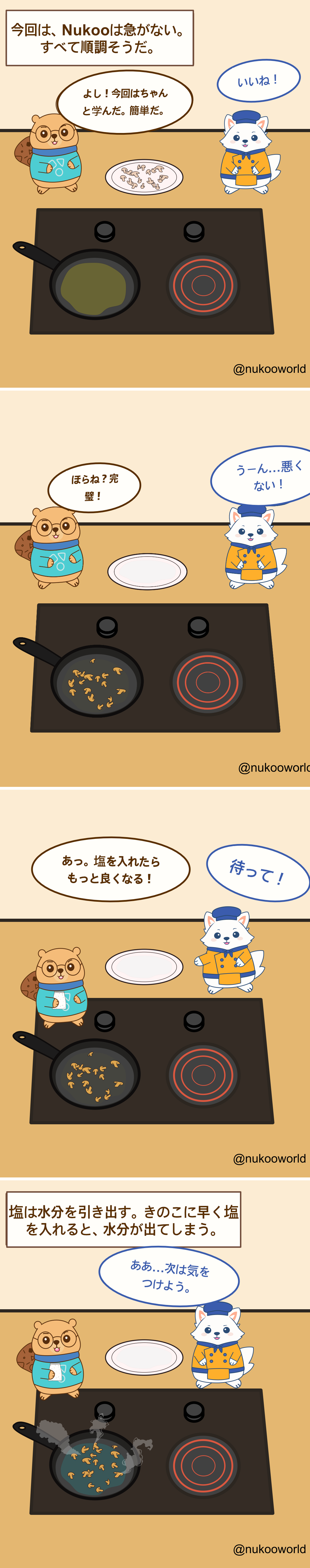 ビーバーの Nukoo とシェフのキツネ Flowkï がフライパンでキノコを料理しているコミック。